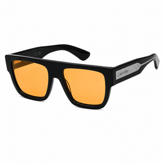 Angled view of Calvin Klein CK26529SI sunglasses with black square frame and orange UV lenses