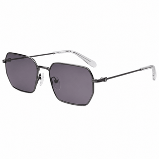 Angled view of Calvin Klein Jeans CKJ26209SI sunglasses with a grey metal hexagon frame and black lenses