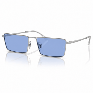 Front angle view of authentic Ray-Ban RB3741 Emy rectangular sunglasses featuring a polished silver metal frame and blue lenses. Premium designer eyewear available at Vision Optique, Supermart 1, DLF Phase 4, Gurugram.