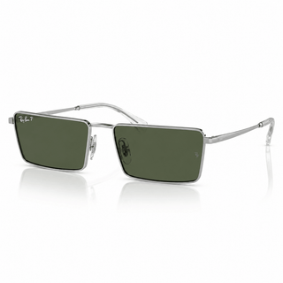 Front angle view of Ray-Ban RB3741 Emy rectangular sunglasses featuring a polished silver metal frame and green polarized lenses. Shop authentic Ray-Ban polarized sunglasses at Vision Optique, Gurugram.