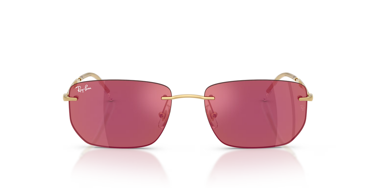 Ray-Ban RB3768 gold irregular sunglasses with red mirror lenses, angled view