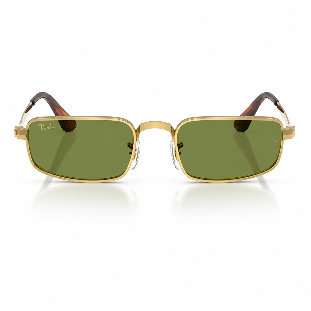 Ray-Ban × A$AP Rocky full-frame rectangular sunglasses with a polished gold frame and light green lenses shown from the front angle.
