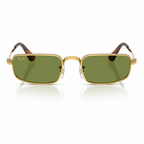Ray-Ban × A$AP Rocky full-frame rectangular sunglasses with a polished gold frame and light green lenses shown from the front angle.
