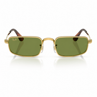 Ray-Ban × A$AP Rocky full-frame rectangular sunglasses with a polished gold frame and light green lenses shown from the front angle.