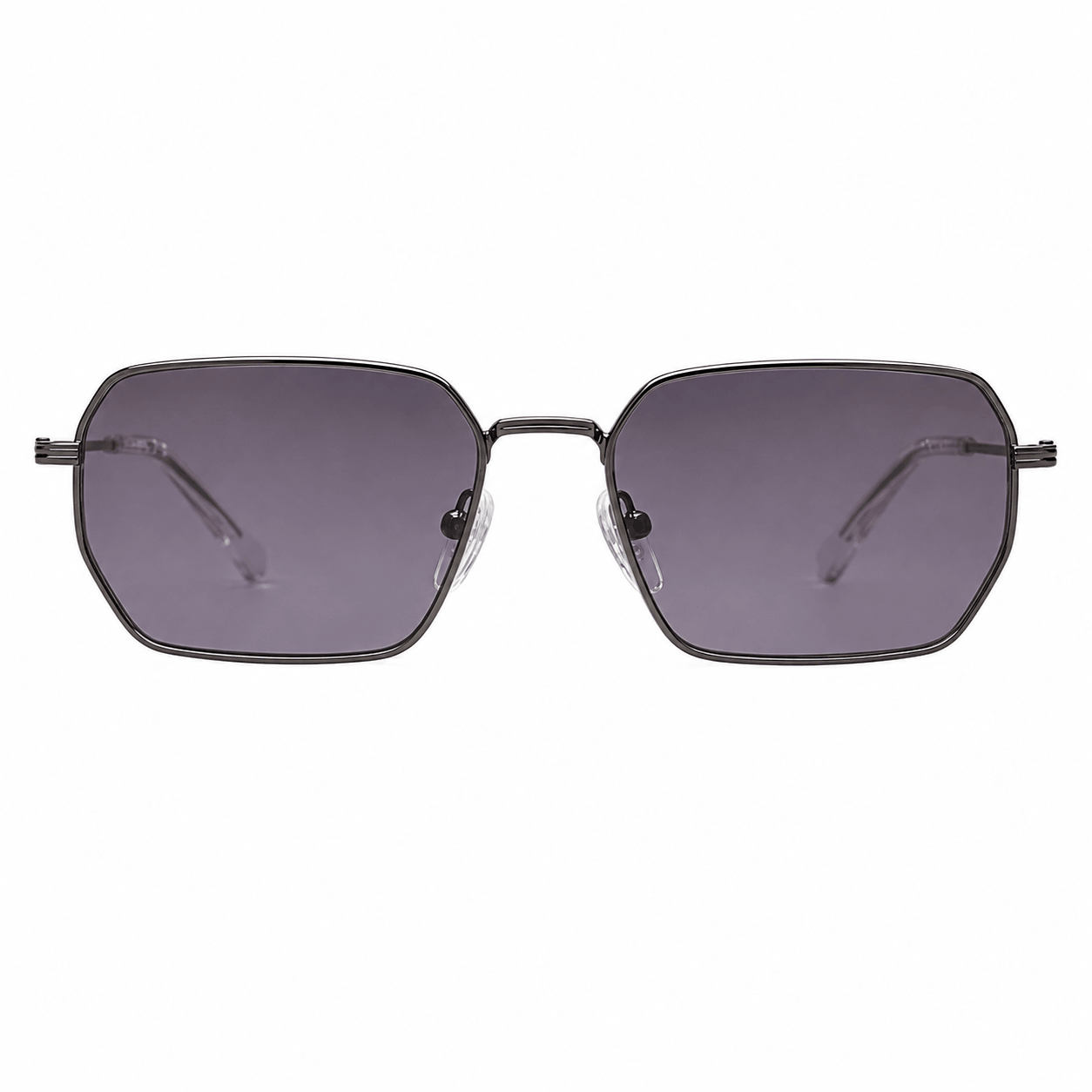 Front view of Calvin Klein Jeans CKJ26209SI sunglasses with a grey metal hexagon frame and black lenses