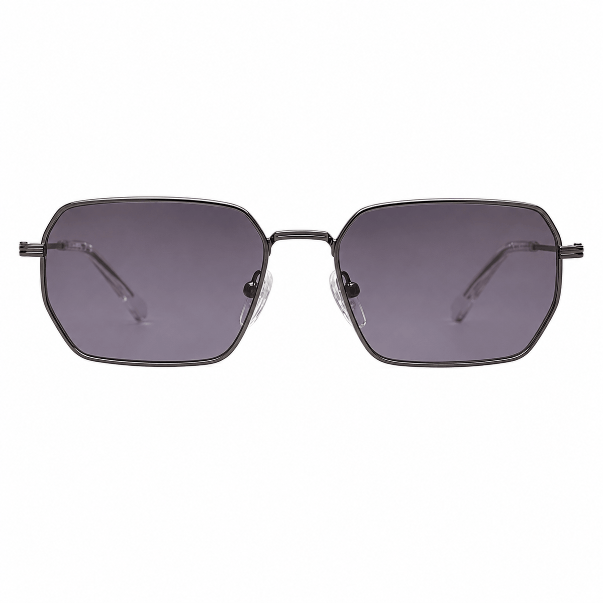 Front view of Calvin Klein Jeans CKJ26209SI sunglasses with a grey metal hexagon frame and black lenses