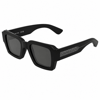 Angled view of Calvin Klein CK25538S square sunglasses featuring a glossy black acetate frame and black UV-protective lenses.