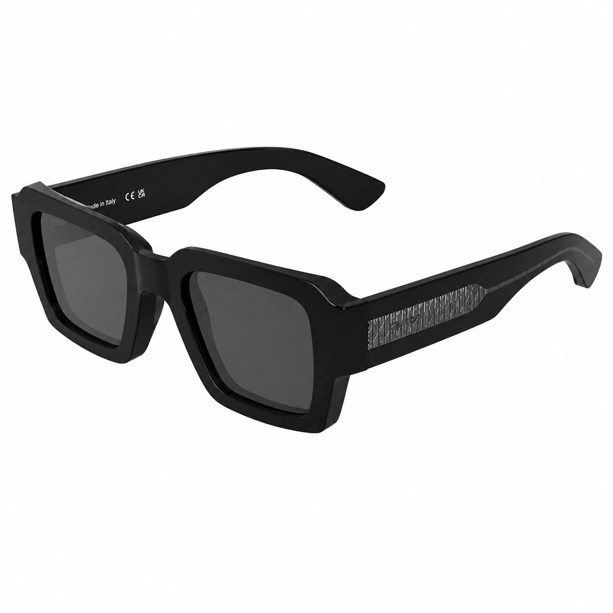 Angled view of Calvin Klein CK25538S square sunglasses featuring a glossy black acetate frame and black UV-protective lenses.