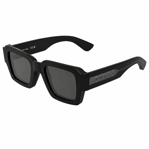 Angled view of Calvin Klein CK25538S square sunglasses featuring a glossy black acetate frame and black UV-protective lenses.