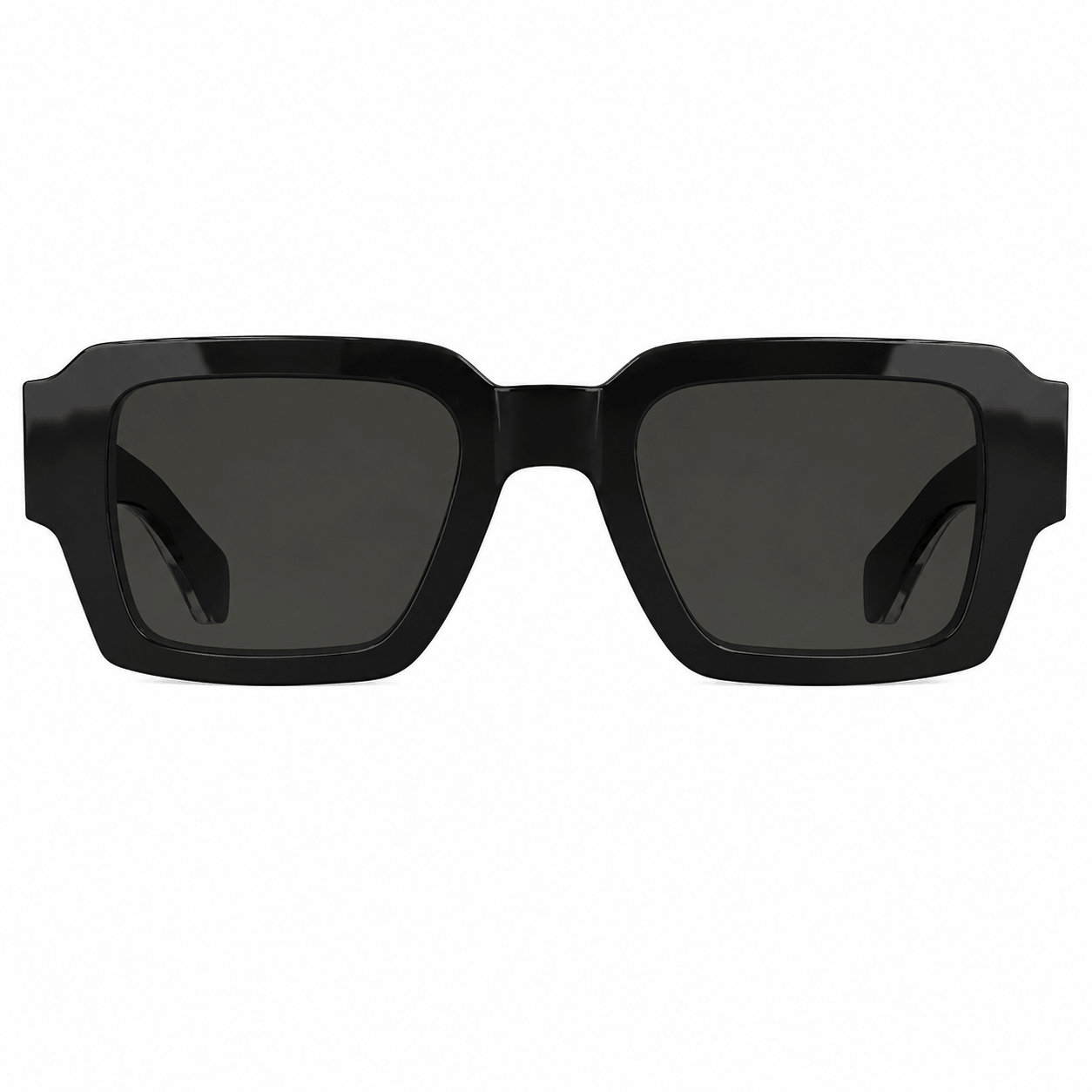 Front view of Calvin Klein CK25538S square sunglasses featuring a glossy black acetate frame with black UV-protective lenses.
