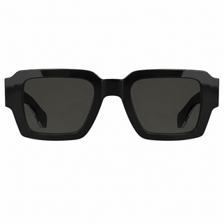 Front view of Calvin Klein CK25538S square sunglasses featuring a glossy black acetate frame with black UV-protective lenses.