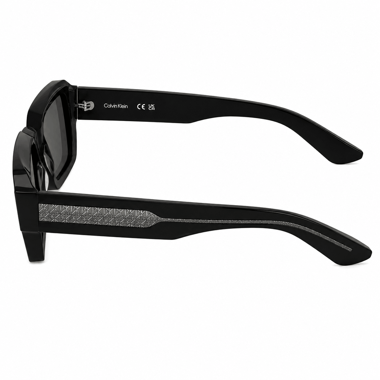 Side view of Calvin Klein CK25538S sunglasses highlighting the premium black acetate temples with signature Calvin Klein textured detailing.