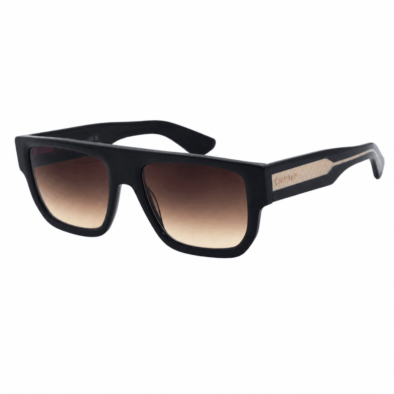 Angled view of Calvin Klein CK26529SI sunglasses with black square frame and gradient brown UV lenses