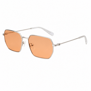 Angled view of Calvin Klein Jeans CKJ26209SI sunglasses with silver metal hexagon frame and orange UV protective lenses