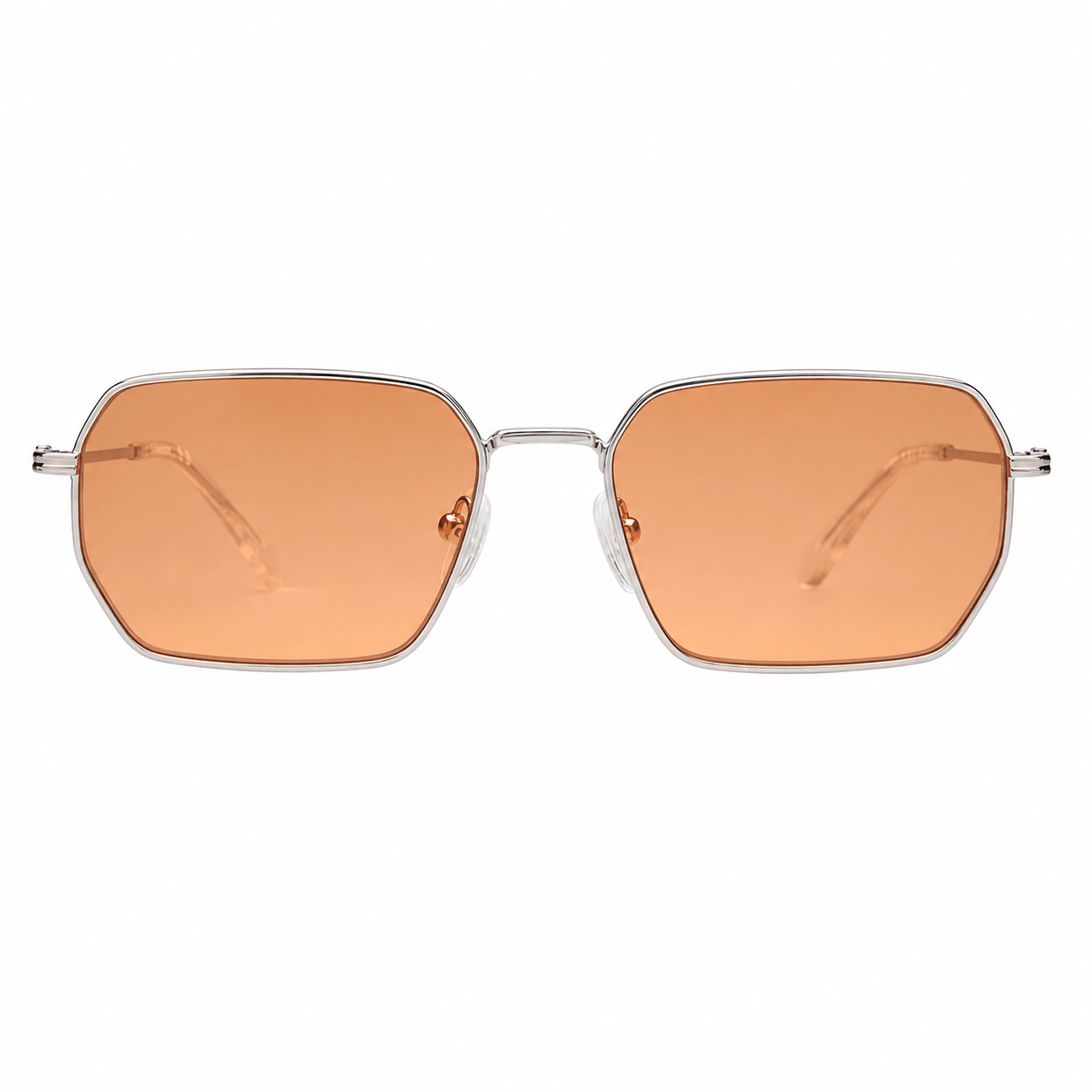 Front view of Calvin Klein Jeans CKJ26209SI sunglasses with silver metal hexagon frame and orange UV protective lenses