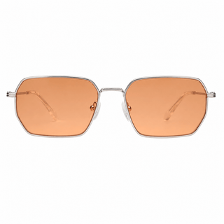 Front view of Calvin Klein Jeans CKJ26209SI sunglasses with silver metal hexagon frame and orange UV protective lenses