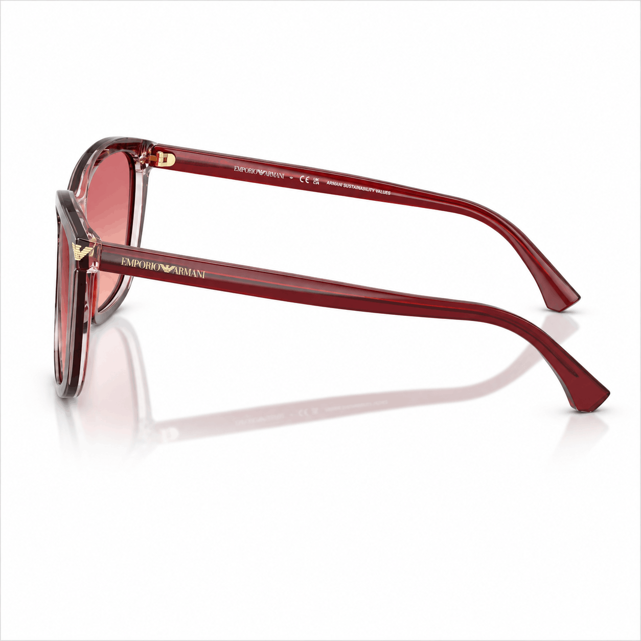 Side profile of Emporio Armani EA4060 sunglasses showcasing the glossy burgundy acetate temples with signature gold Eagle logo and premium Italian craftsmanship. Shop authentic designer eyewear at Vision Optique, Gurugram.