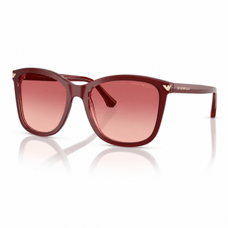 Front angle view of authentic Emporio Armani EA4060 oversized sunglasses featuring a glossy burgundy frame with pink-to-red gradient lenses and luxury gold temple detailing. Available at Vision Optique, DLF Phase 4, Gurugram.