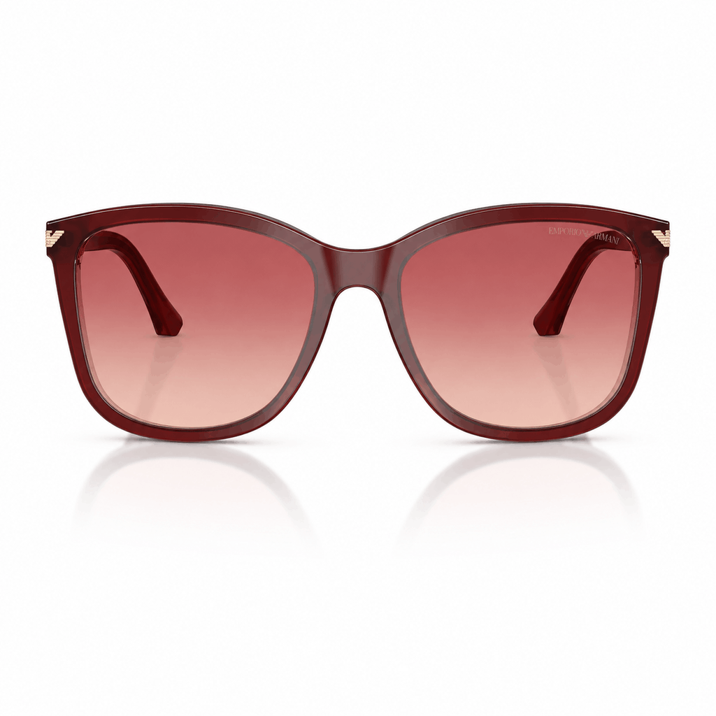 Front view of authentic Emporio Armani EA4060 sunglasses featuring a glossy burgundy full-rim frame with pink-to-red ombre gradient lenses. Available at Vision Optique, Supermart 1, DLF Phase 4, Gurugram.