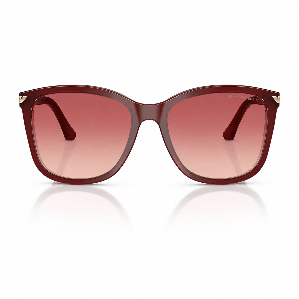 Front view of authentic Emporio Armani EA4060 sunglasses featuring a glossy burgundy full-rim frame with pink-to-red ombre gradient lenses. Available at Vision Optique, Supermart 1, DLF Phase 4, Gurugram.