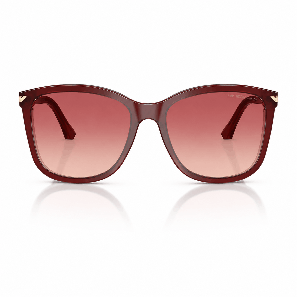 Front view of authentic Emporio Armani EA4060 sunglasses featuring a glossy burgundy full-rim frame with pink-to-red ombre gradient lenses. Available at Vision Optique, Supermart 1, DLF Phase 4, Gurugram.