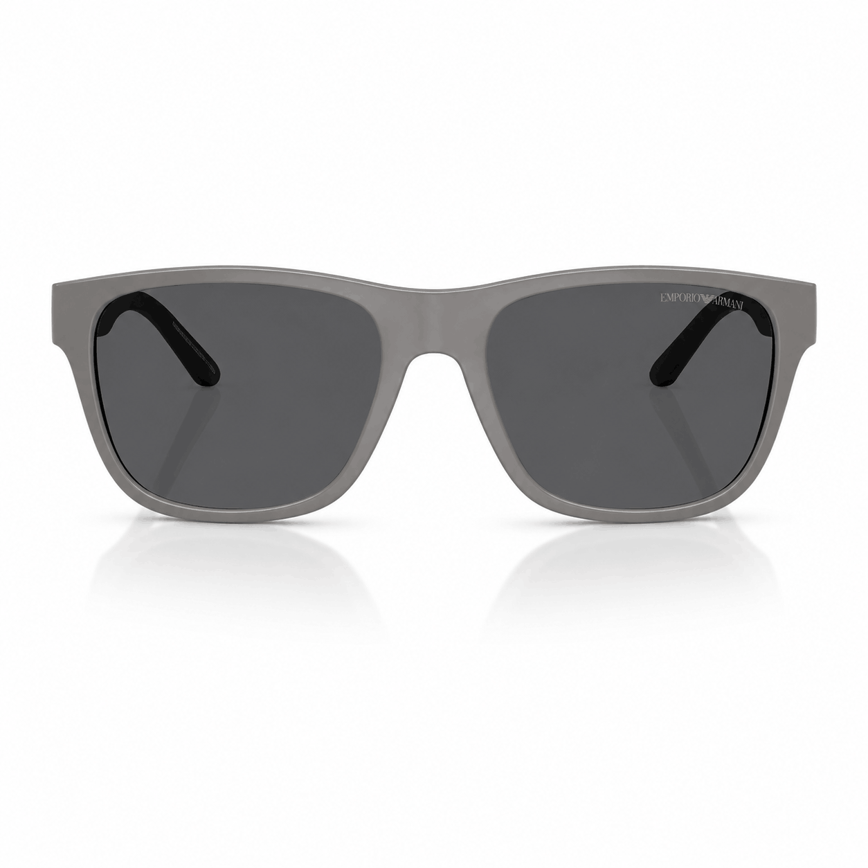 Front view of authentic Emporio Armani EA4243 sunglasses featuring a matte grey bio-based frame with dark grey polarized lenses. Available at Vision Optique, Supermart 1, DLF Phase 4, Gurugram.
