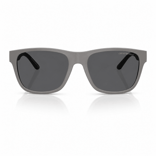 Front view of authentic Emporio Armani EA4243 sunglasses featuring a matte grey bio-based frame with dark grey polarized lenses. Available at Vision Optique, Supermart 1, DLF Phase 4, Gurugram.