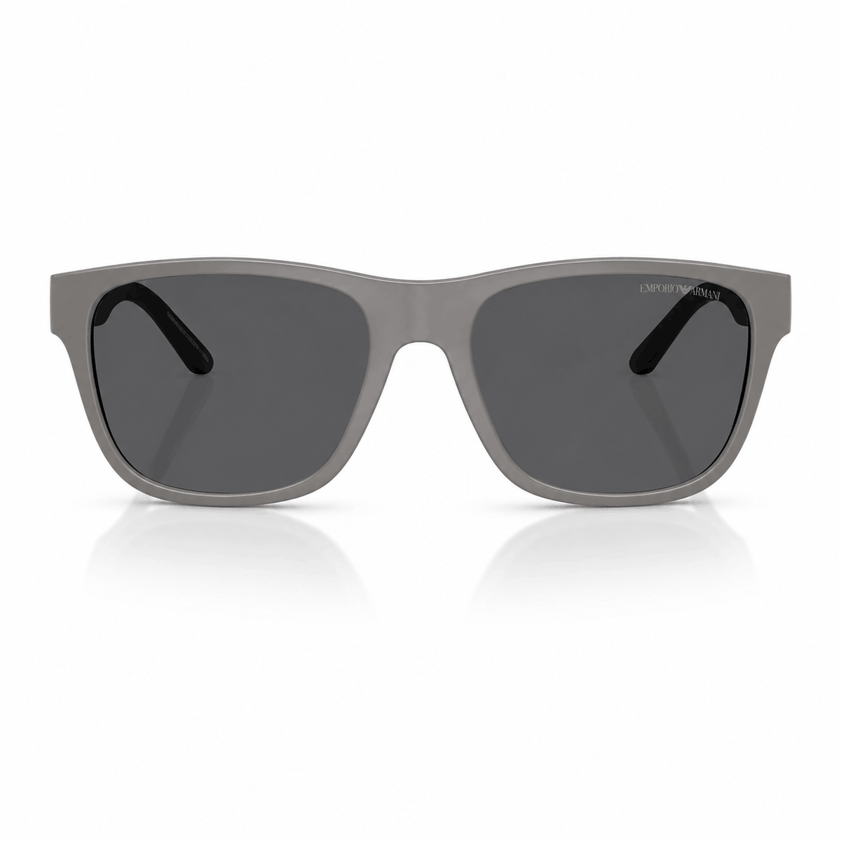 Front view of authentic Emporio Armani EA4243 sunglasses featuring a matte grey bio-based frame with dark grey polarized lenses. Available at Vision Optique, Supermart 1, DLF Phase 4, Gurugram.