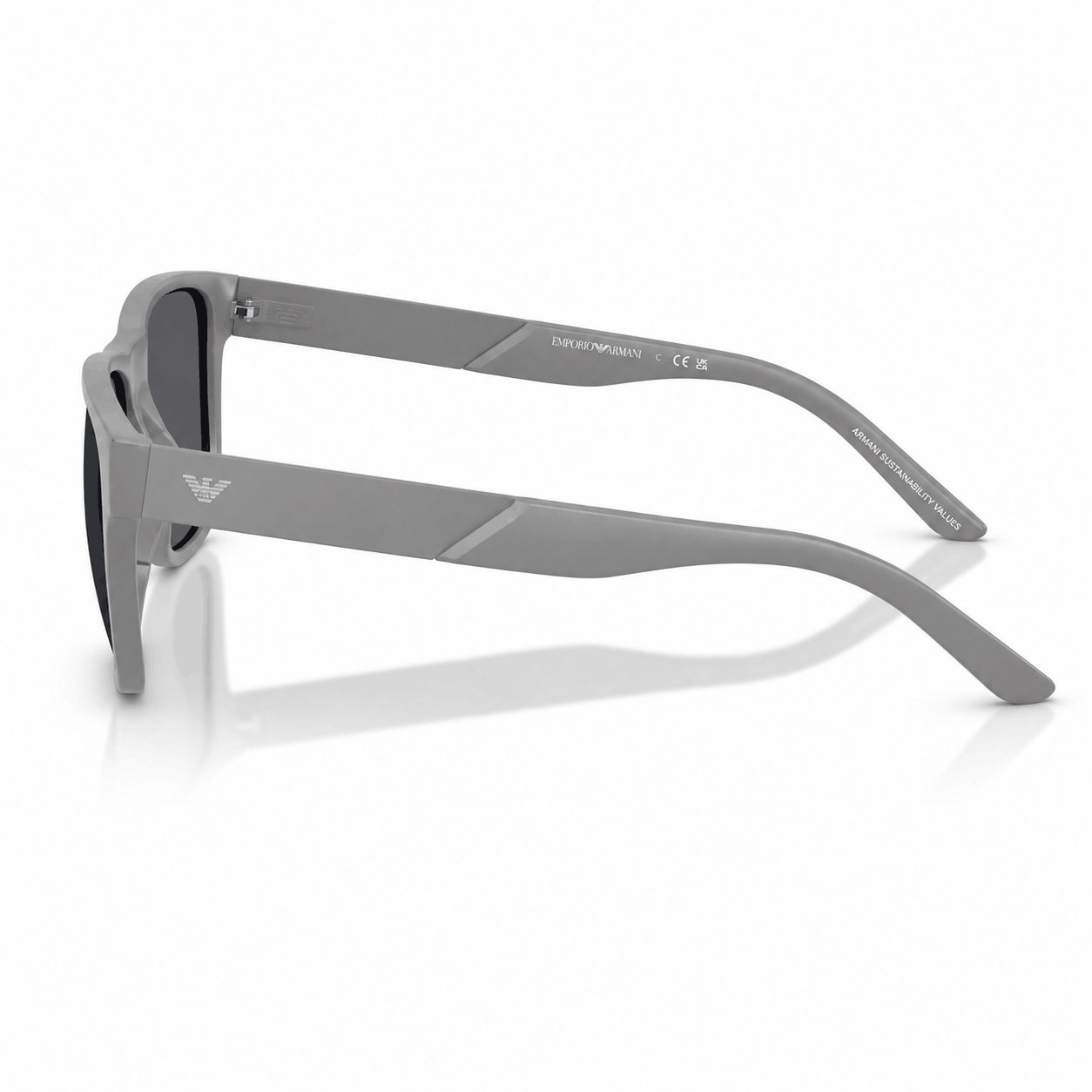 Side profile of Emporio Armani EA4243 polarized sunglasses showcasing the matte grey bio-based temples with laser-etched Eagle logo and premium Italian craftsmanship. Shop authentic eyewear at Vision Optique, Gurugram.