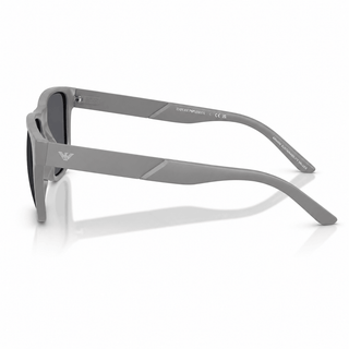 Side profile of Emporio Armani EA4243 polarized sunglasses showcasing the matte grey bio-based temples with laser-etched Eagle logo and premium Italian craftsmanship. Shop authentic eyewear at Vision Optique, Gurugram.