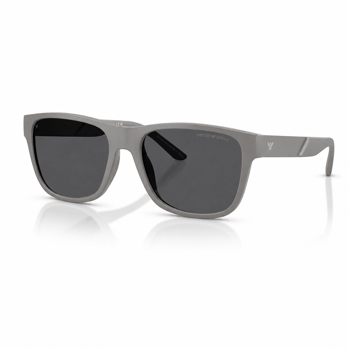 Angled view of authentic Emporio Armani EA4243 square sunglasses featuring a matte grey bio-based frame and dark grey polarized lenses. Available at Vision Optique, DLF Phase 4, Gurugram.