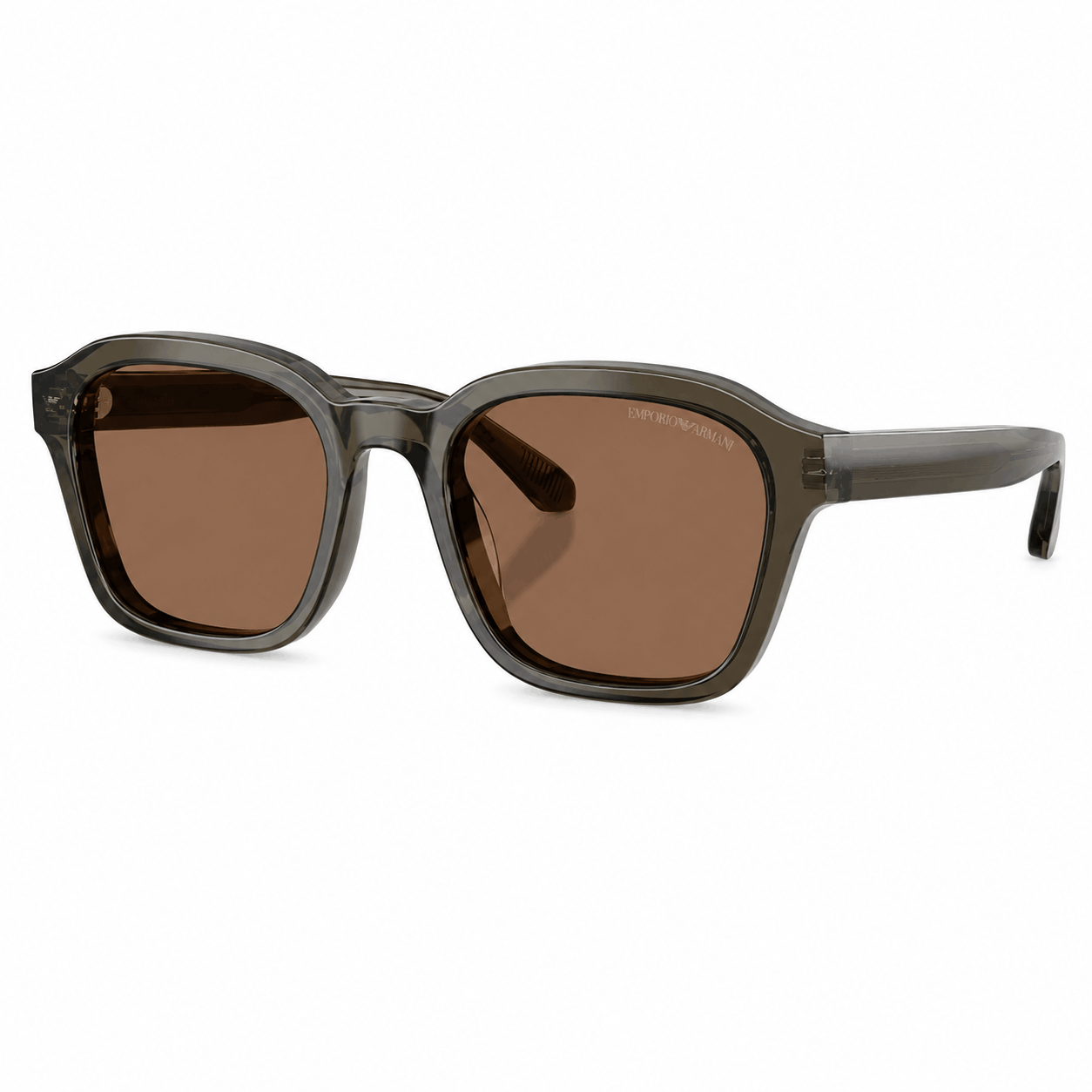 Angled view of Emporio Armani EA4245U sunglasses with transparent grey frame and dark brown lenses
