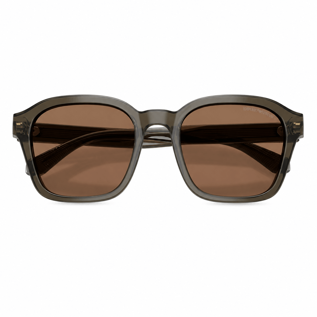 Front view of Emporio Armani EA4245U sunglasses with shiny transparent grey frame and dark brown lenses