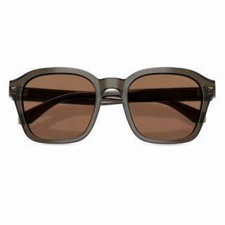 Front view of Emporio Armani EA4245U sunglasses with shiny transparent grey frame and dark brown lenses