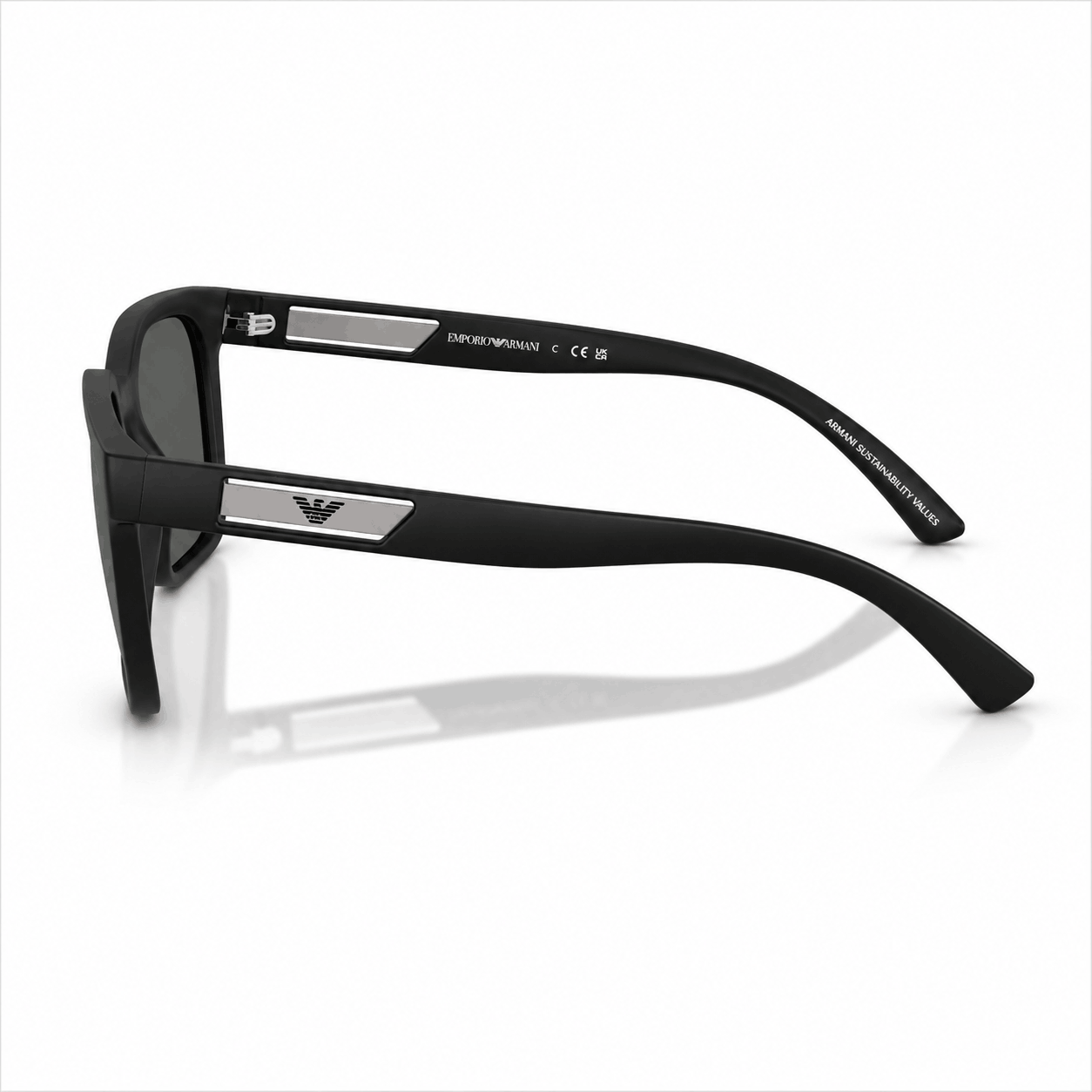 Side profile of Emporio Armani EA4269 sunglasses showcasing the matte black temples with signature Eagle logo and lightweight designer construction. Shop authentic Emporio Armani eyewear at Vision Optique, Gurugram.