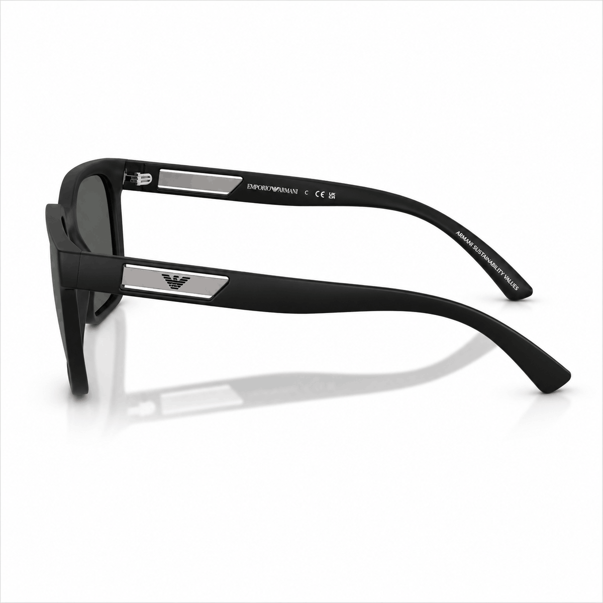 Side profile of Emporio Armani EA4269 sunglasses showcasing the matte black temples with signature Eagle logo and lightweight designer construction. Shop authentic Emporio Armani eyewear at Vision Optique, Gurugram.