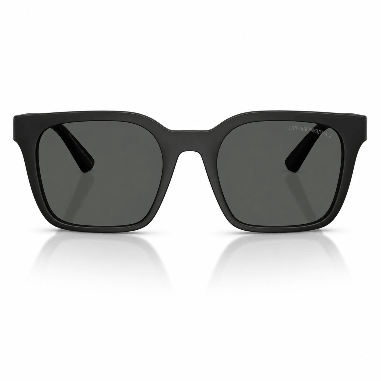 Front view of authentic Emporio Armani EA4269 rectangular sunglasses featuring a matte black full-rim frame with dark grey lenses. Premium Italian designer sunglasses available at Vision Optique, Gurugram.