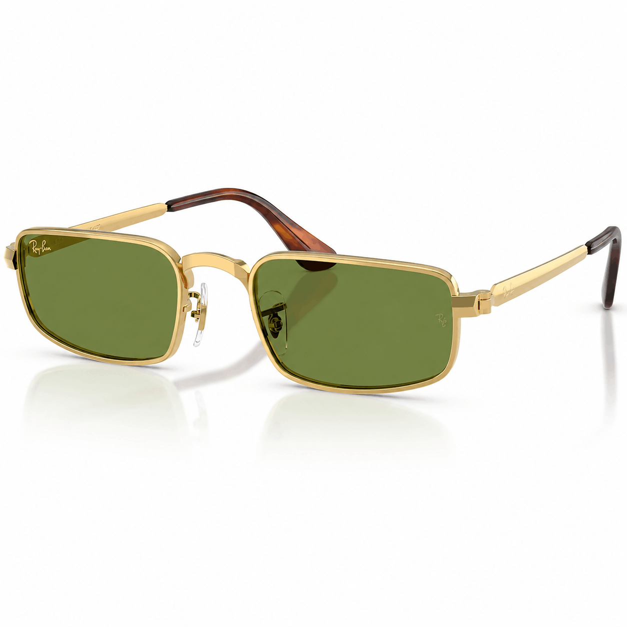 Ray-Ban × A$AP Rocky full-frame rectangular sunglasses with a polished gold frame and light green lenses.