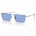 Front angle view of authentic Ray-Ban RB3741 Emy rectangular sunglasses featuring a polished silver metal frame and blue lenses. Premium designer eyewear available at Vision Optique, Supermart 1, DLF Phase 4, Gurugram.
