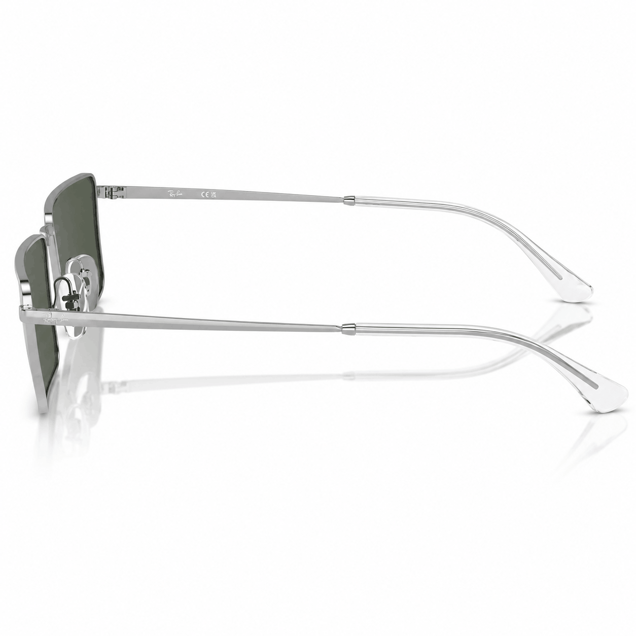 Side profile of authentic Ray-Ban RB3741 Emy sunglasses with a polished silver metal frame, slim temples, adjustable nose pads, and green polarized lenses. Available at Vision Optique, Supermart 1, DLF Phase 4, Gurugram.