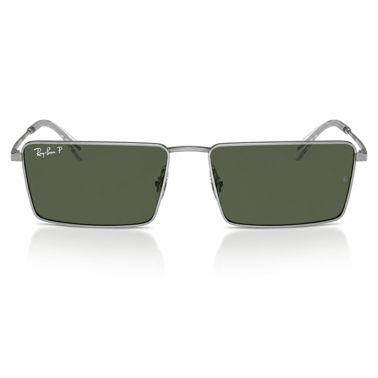 Front view of authentic Ray-Ban RB3741 Emy sunglasses with a polished silver rectangular metal frame and green polarized lenses offering UV protection and glare reduction. Available at Vision Optique, Supermart 1, DLF Phase 4, Gurugram.
