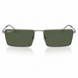 Front view of authentic Ray-Ban RB3741 Emy sunglasses with a polished silver rectangular metal frame and green polarized lenses offering UV protection and glare reduction. Available at Vision Optique, Supermart 1, DLF Phase 4, Gurugram.