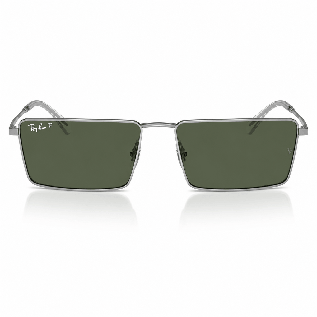 Front view of authentic Ray-Ban RB3741 Emy sunglasses with a polished silver rectangular metal frame and green polarized lenses offering UV protection and glare reduction. Available at Vision Optique, Supermart 1, DLF Phase 4, Gurugram.