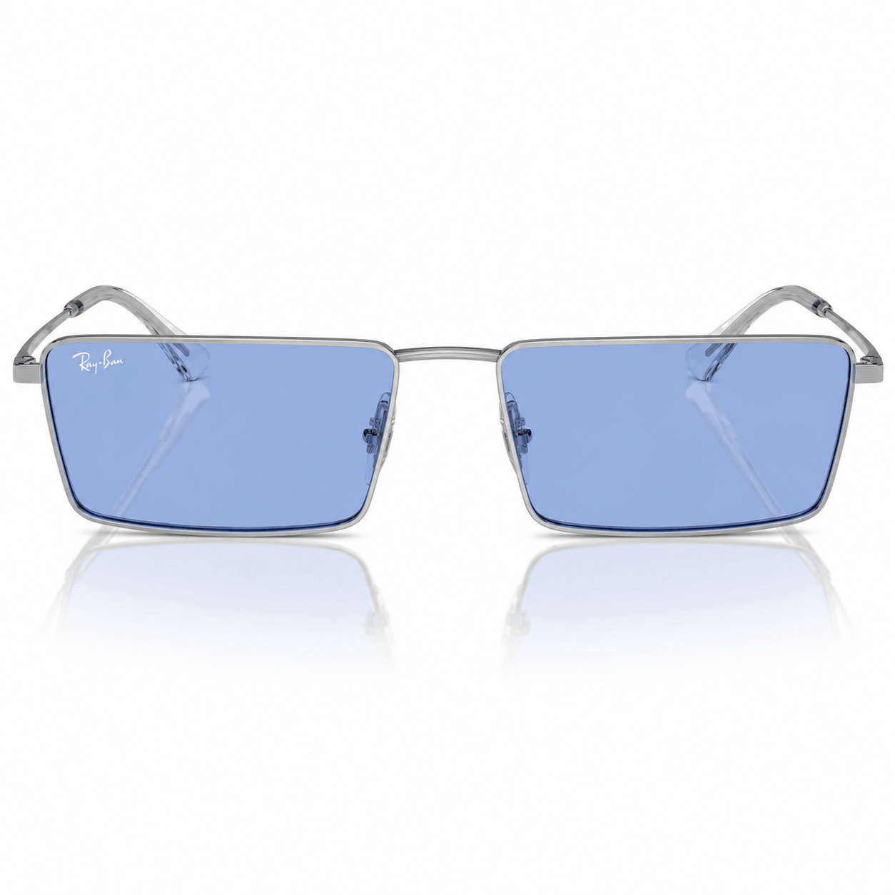 Front view of Ray-Ban RB3741 Emy sunglasses showcasing a polished silver full-rim metal frame with stylish blue lenses. Shop authentic Ray-Ban designer eyewear at Vision Optique, Gurugram.