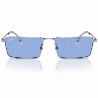 Front view of Ray-Ban RB3741 Emy sunglasses showcasing a polished silver full-rim metal frame with stylish blue lenses. Shop authentic Ray-Ban designer eyewear at Vision Optique, Gurugram.