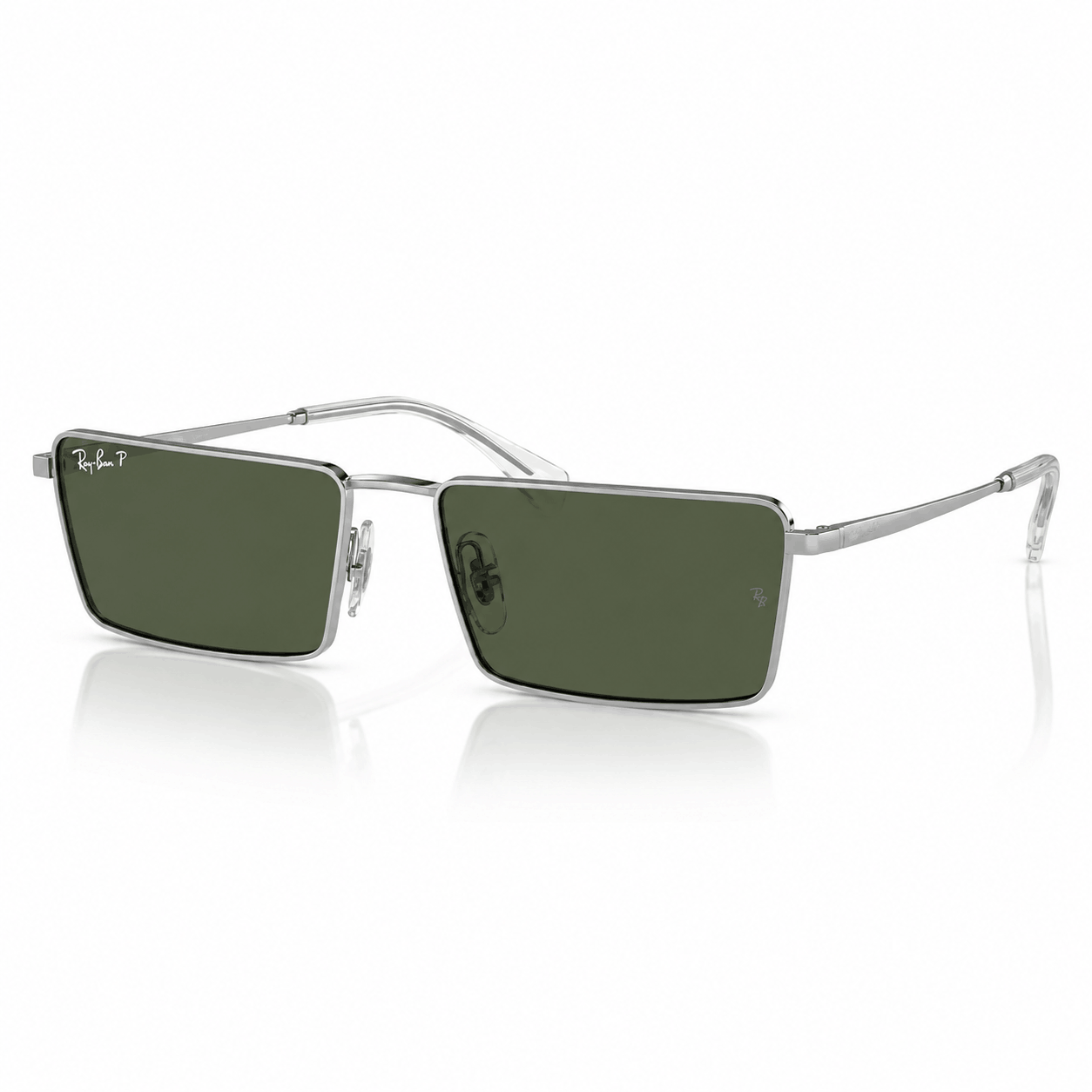 Front angle view of Ray-Ban RB3741 Emy rectangular sunglasses featuring a polished silver metal frame and green polarized lenses. Shop authentic Ray-Ban polarized sunglasses at Vision Optique, Gurugram.