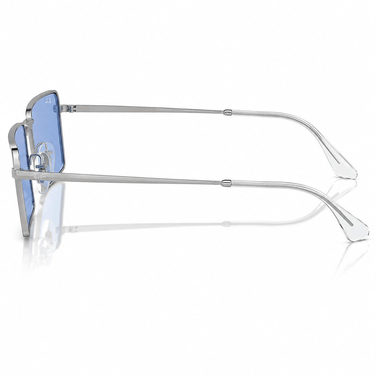 Side profile of Ray-Ban RB3741 Emy sunglasses highlighting the slim polished silver temples, adjustable nose pads, and lightweight rectangular metal frame. Available at Vision Optique, DLF Phase 4, Gurugram.