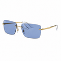 Ray-Ban RB3786I rectangle rimless sunglasses gold frame dark blue lenses angled view 