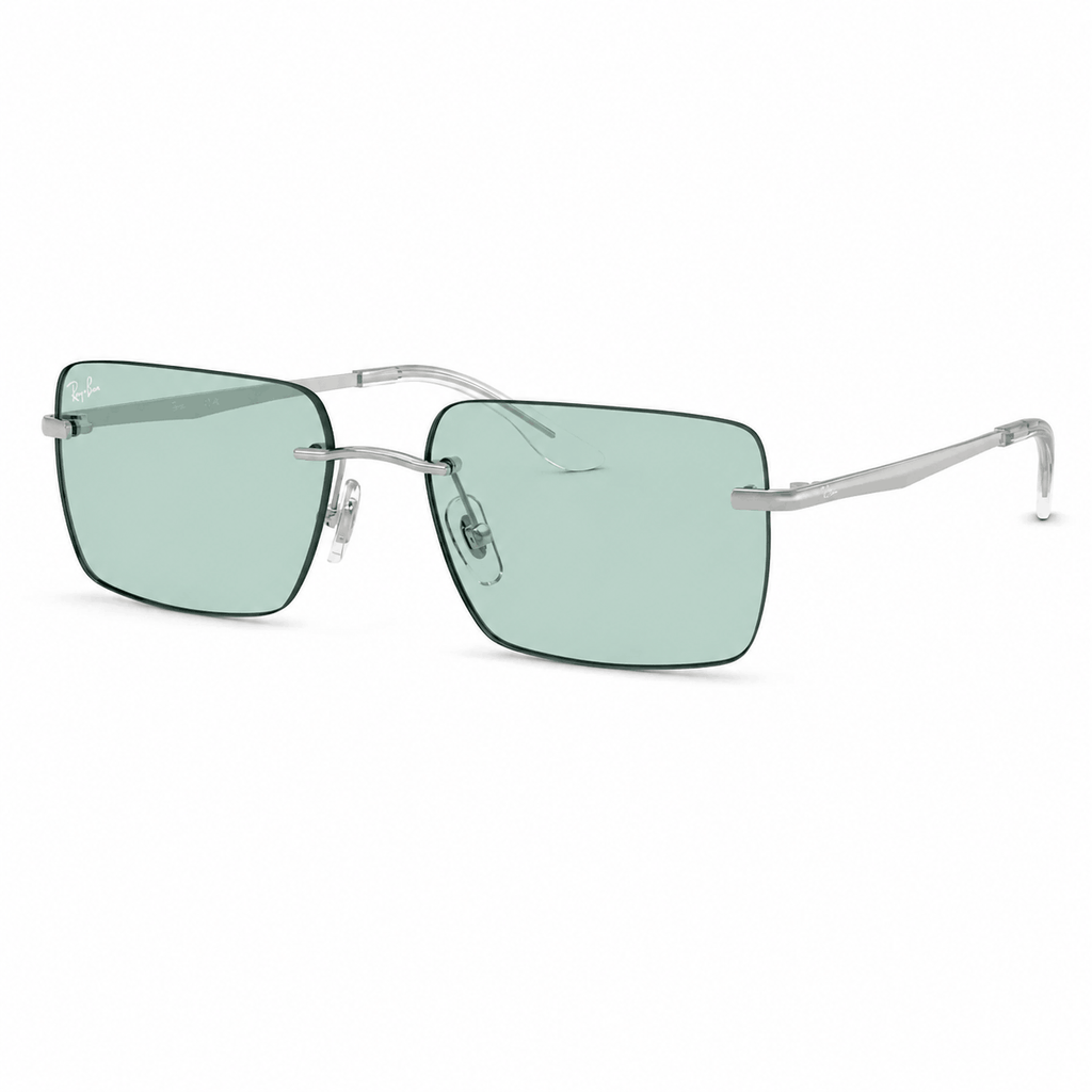 Ray-Ban RB3786I rectangle sunglasses silver frame light blue lenses angled view