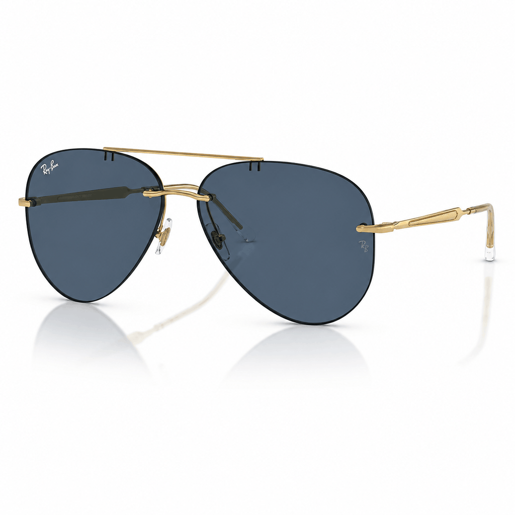 Ray-Ban RB3791 aviator sunglasses with gold frame and dark blue lenses angled view